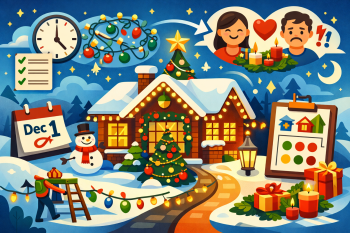 Vector illustration of a festive holiday home with warm lighting and balanced decor.