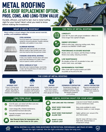 Metal roofing infographic showing the pros, cons, and long-term value of metal roofs for residential homes.