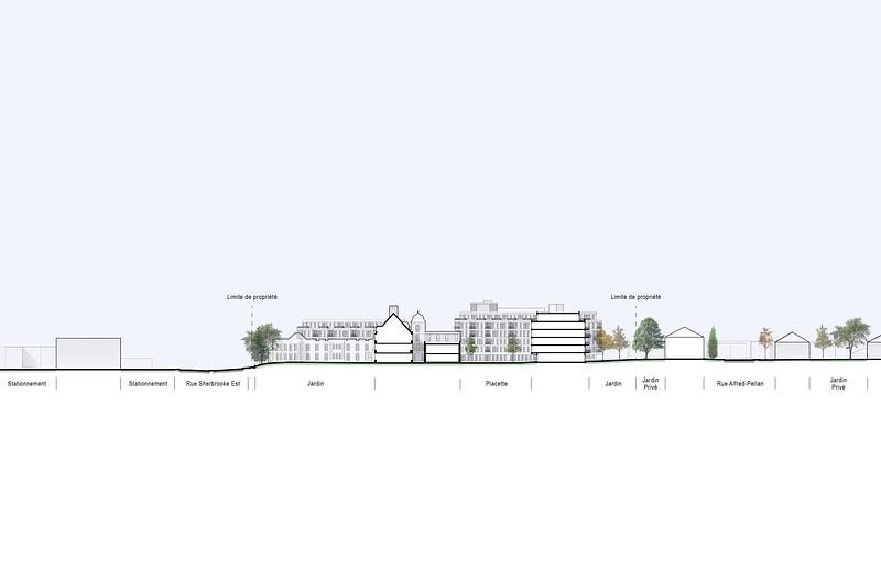 Architectural section drawing comparing the retained building and addition