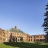 Retained brick hospital framed by the residential addition