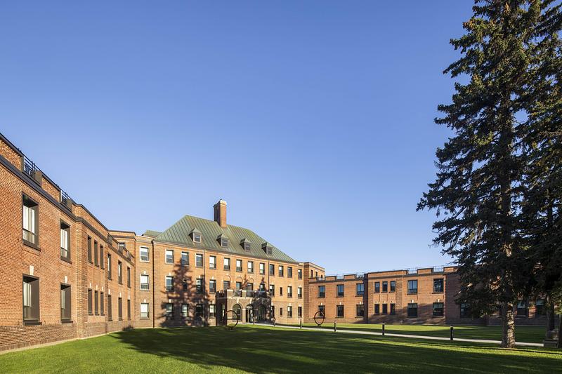 Retained brick hospital framed by the residential addition