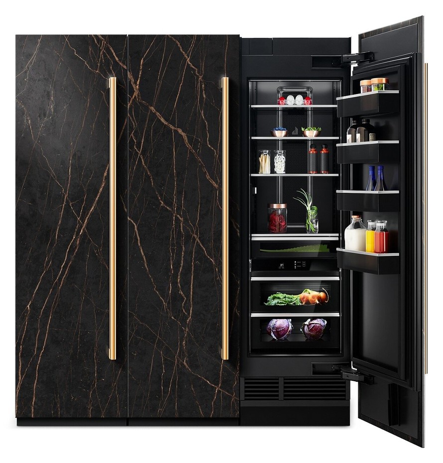Dark veined Dekton panels on JennAir refrigeration columns, with one door open