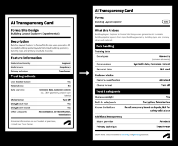 Old and expanded AI Transparency Cards for Forma Building Layout Explorer shown side by side
